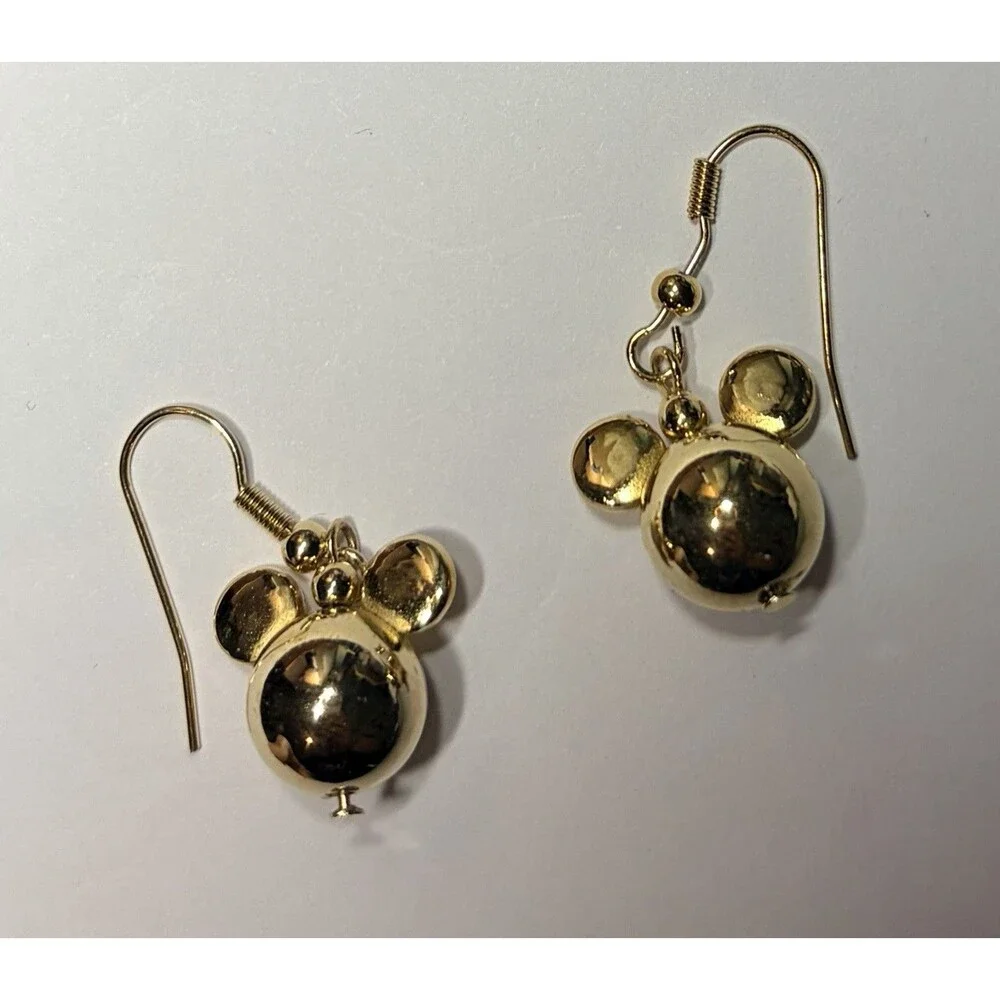 Vintage Disney Mickey Mouse Head Gold Tone Puffed Drop Stud Earrings EUC